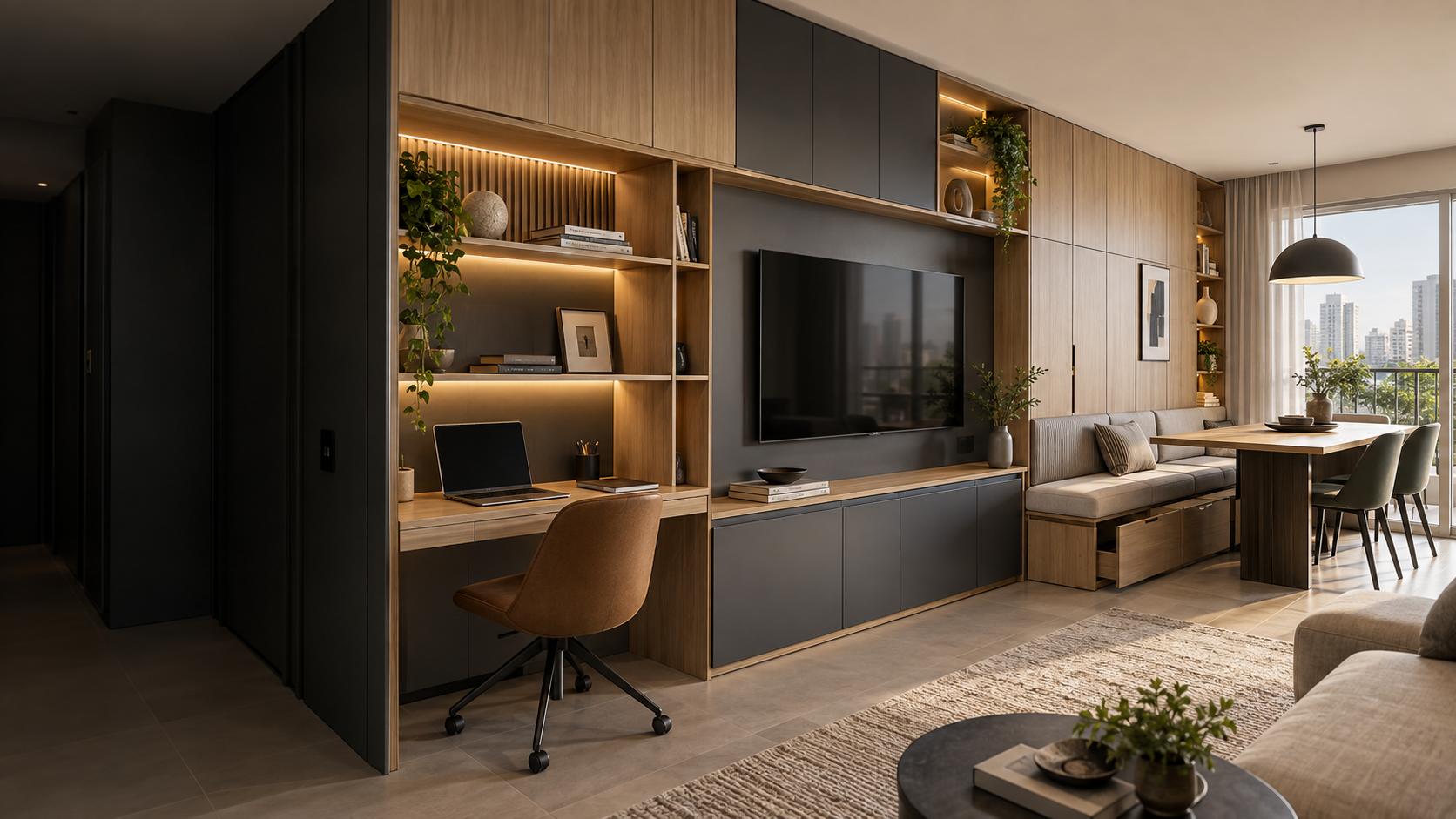 Sala planejada com painel multifuncional, home office e banco com gavetas